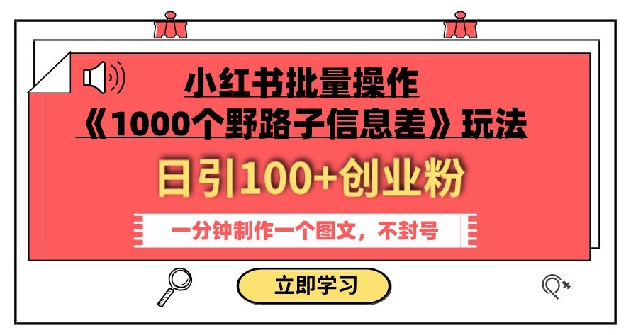 小红书批量操作《1000个野路子信息差》玩法,一分钟制作一个图文,不封号,日引100+创业粉-知一资源网