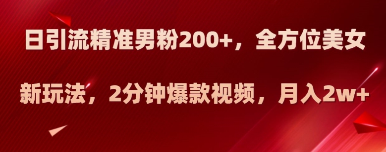 日引流精准男粉200+,全方位美女新玩法,2分钟爆款视频,月入2w+【揭秘】-知一资源网