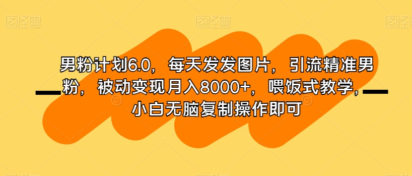 男粉计划6.0,每天发发图片,引流精准男粉,被动变现月入8000+,喂饭式教学,小白无脑复制操作即可-知一资源网