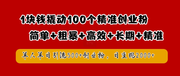 1块钱撬动100个精准创业粉，简单粗暴高效长期精准，单人单日引流500+创业粉，日变现2k【揭秘】-知一资源网