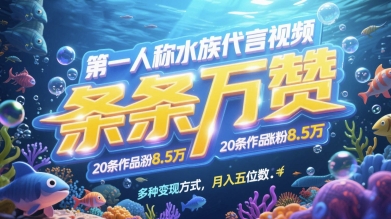 第一人称水族代言视频，条条万赞，20条作品涨粉7.8W，多种变现方式月入五位数-知一资源网