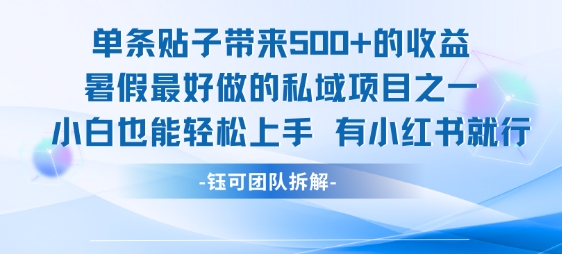 单条贴子带来5张的收益，暑假最好做的私域项目之一，小白也能轻松上手，有小红书就行-知一资源网