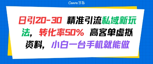 日引 20-30 精准引流私域新玩法，转化率50% 高客单虚拟资料，小白一台手机就能做-知一资源网