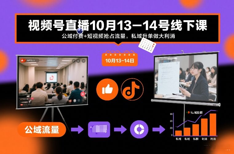视频号直播10月13-14号线下课，公域付费+短视频抢占流量，私域升单做大利消-知一资源网