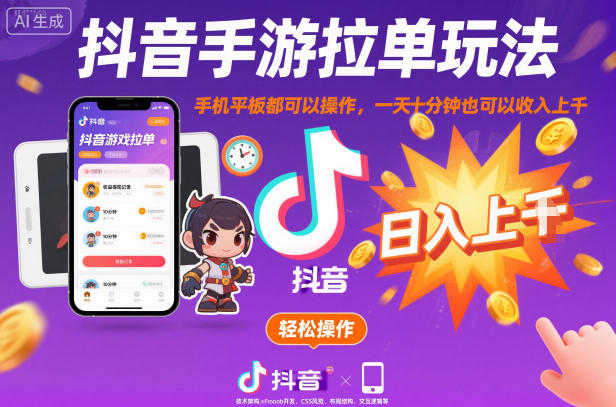 抖音手游拉单玩法，手机平板都可以操作，一天十分钟也可以收入上K【揭秘】-知一资源网