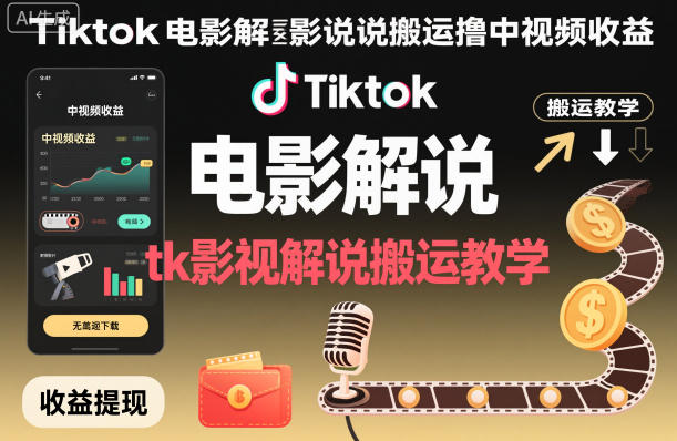 Tiktok电影解说搬运撸中视频收益，tk影视解说搬运教学-知一资源网