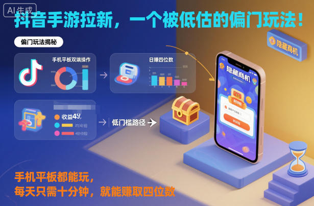 抖音手游拉新，一个被低估的偏门玩法！手机平板都能玩，每天只需十分钟，就能賺取四位数【揭秘】-知一资源网
