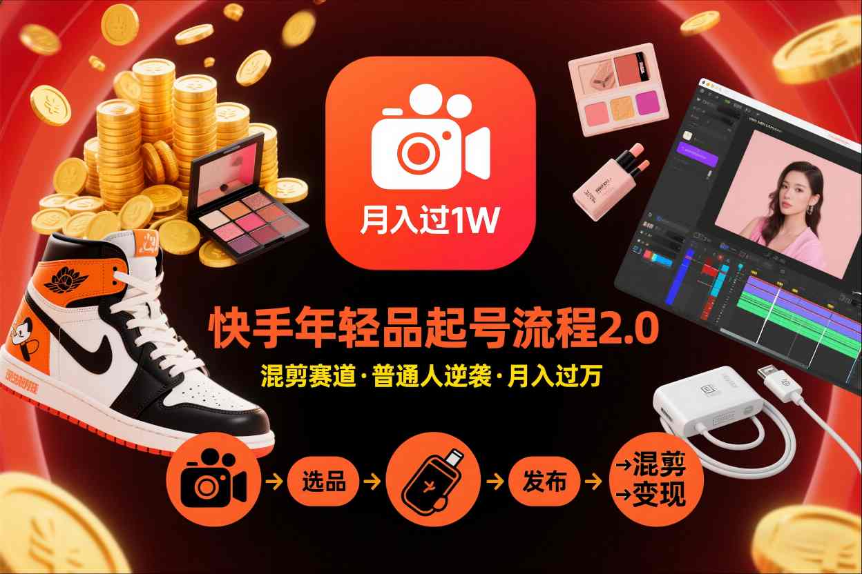 快手短视频带货年轻品起号流程2.0，快手年轻品混剪赛道，普通人也能月入过1W-知一资源网