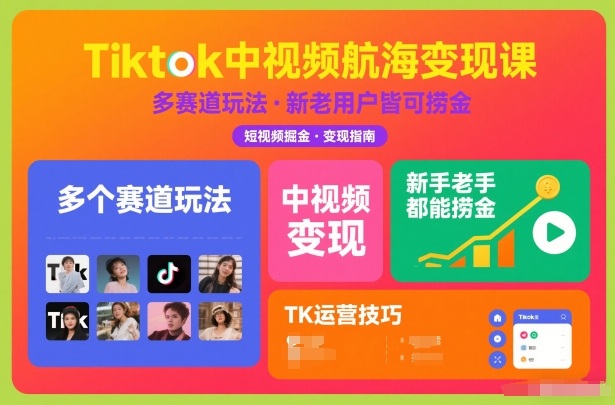 Tiktok中视频航海变现课，多个赛道玩法，新手老手都能在TK中视频捞金-知一资源网
