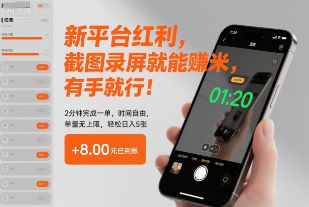 新平台红利，截图录屏就能賺米，有手就行！2分钟完成一单，时间自由，单量无上限，轻松日入5张【揭秘】-知一资源网