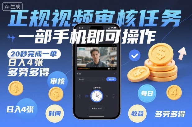 正规视频审核任务，一部手机即可操作，20秒完成一单，日入4张，多劳多得【揭秘】-知一资源网