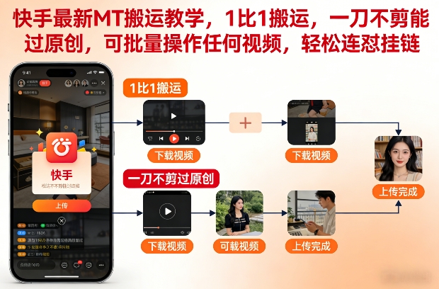 快手最新MT搬运教学，1比1搬运，一刀不剪能过原创，可批量操作任何视频，轻松连怼挂链-知一资源网
