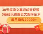 30天疯卖文案速成变现营,0基础玩透爆卖文案捞金术!每月增收20000+-知一资源网