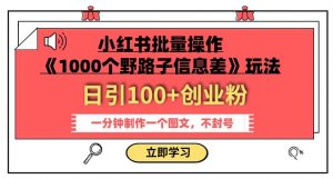 小红书批量操作《1000个野路子信息差》玩法,一分钟制作一个图文,不封号,日引100+创业粉-知一资源网