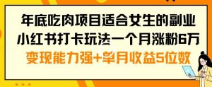 年底吃肉项目适合女生的副业小红书打卡玩法一个月涨粉6万+变现能力强+单月收益5位数【揭秘】-知一资源网