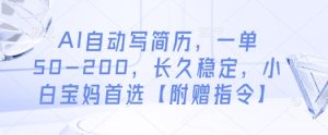 AI自动写简历,一单50-200,长久稳定,小白宝妈首选【附赠指令】-知一资源网
