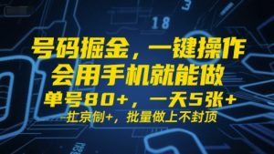 号码掘金,一键操作,会用手机就能做,单号80+,一天5张+,批量做上不封顶【揭秘】-知一资源网