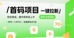 首码一键拉新项目,稳定靠谱,操作简单易上手,单号一小时70+,批量做每天5张【揭秘】-知一资源网