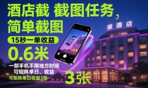 酒店截图任务，简单截图，15秒一单收益0.6米，一部手机不限地方时间，可矩阵单日收益3张【揭秘】-知一资源网