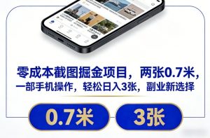 零成本截图掘金项目，两张0.7米，一部手机操作，轻松日入3张，副业新选择【揭秘】-知一资源网